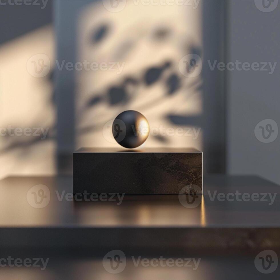 A black ball on top of a wooden table photo