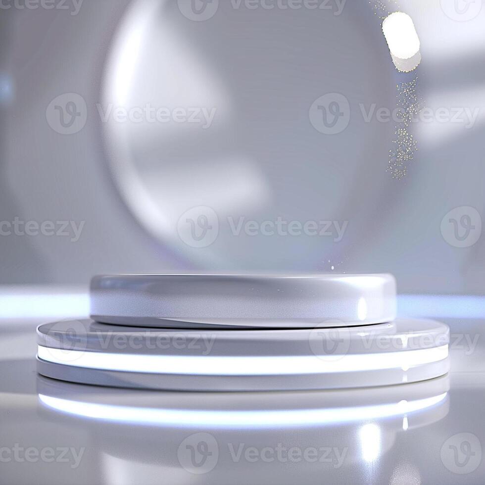 A white circular object on a table with a light photo