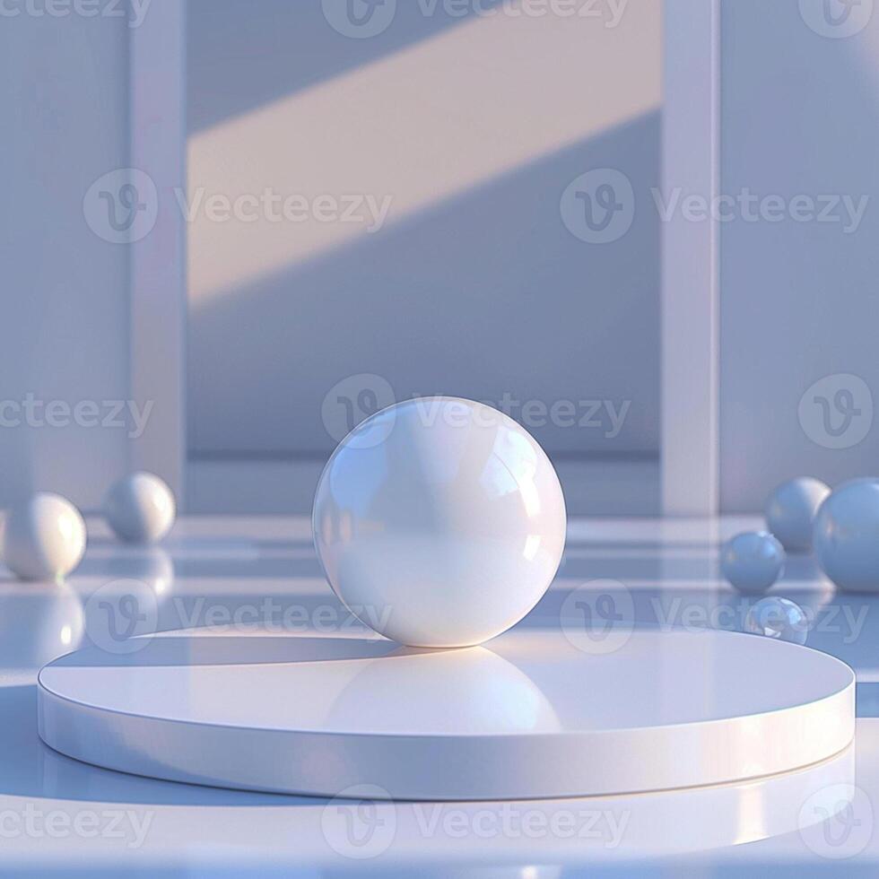 A white sphere is sitting on a white platform photo
