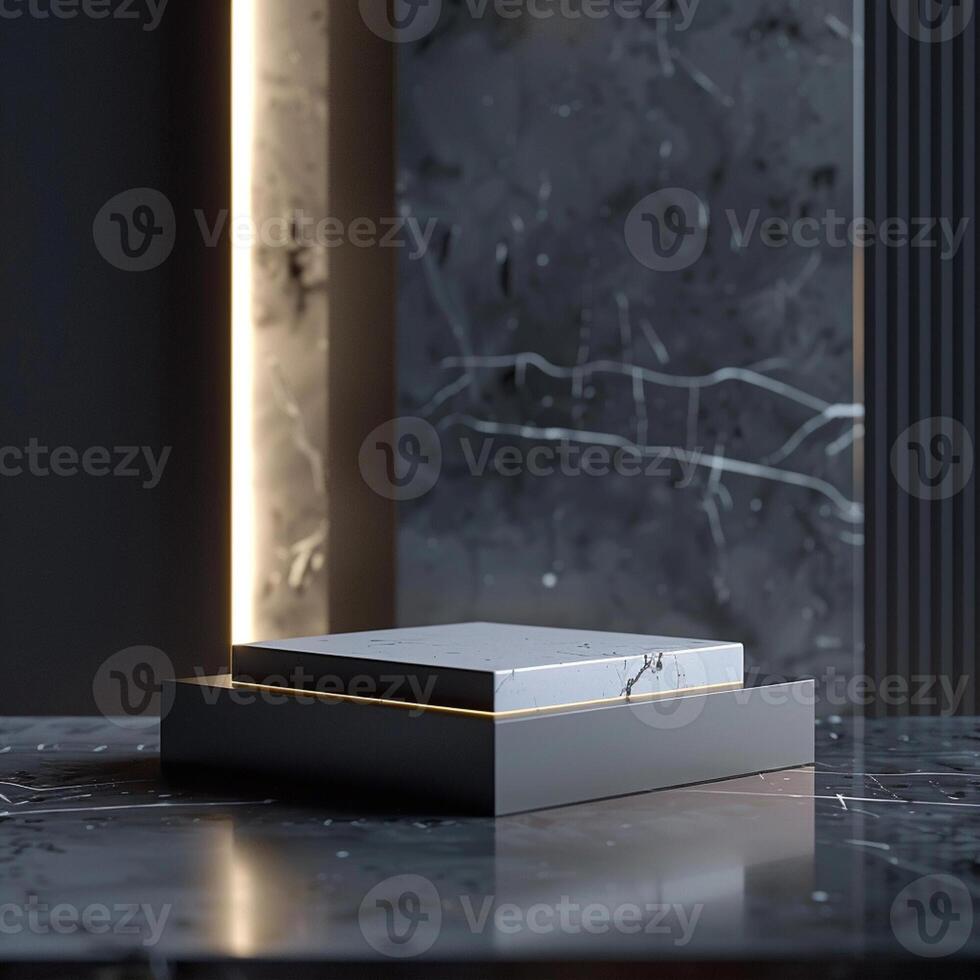 A black marble table with a white box on it photo