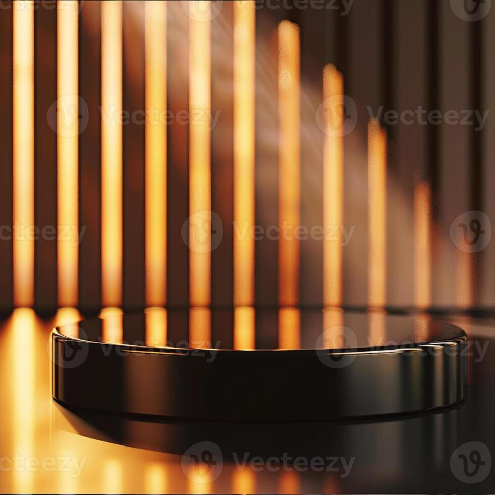 A black round table with a light shining on it photo