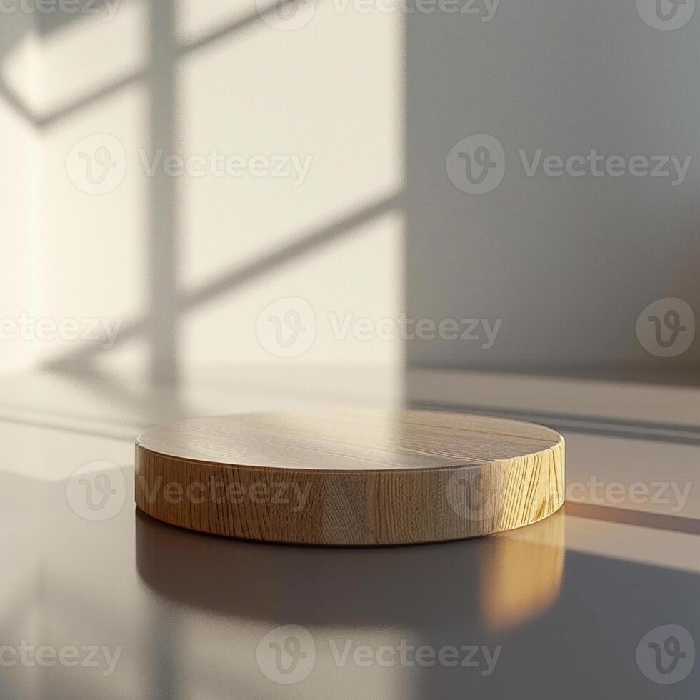 A wooden round table on a table in front of a window photo