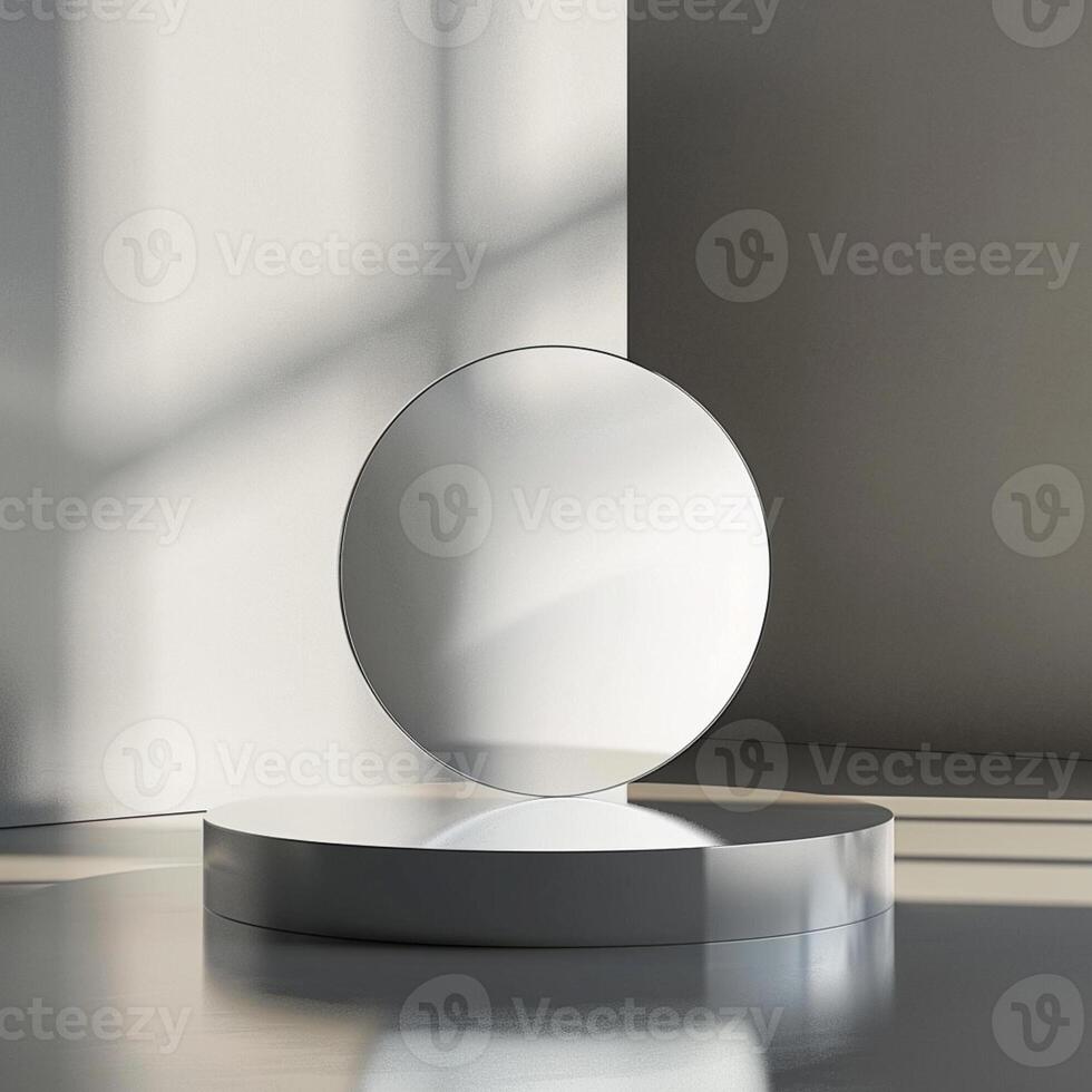 A white mirror on a pedestal in front of a wall photo
