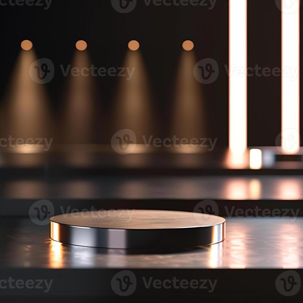 A stage with a podium and lights in the background photo