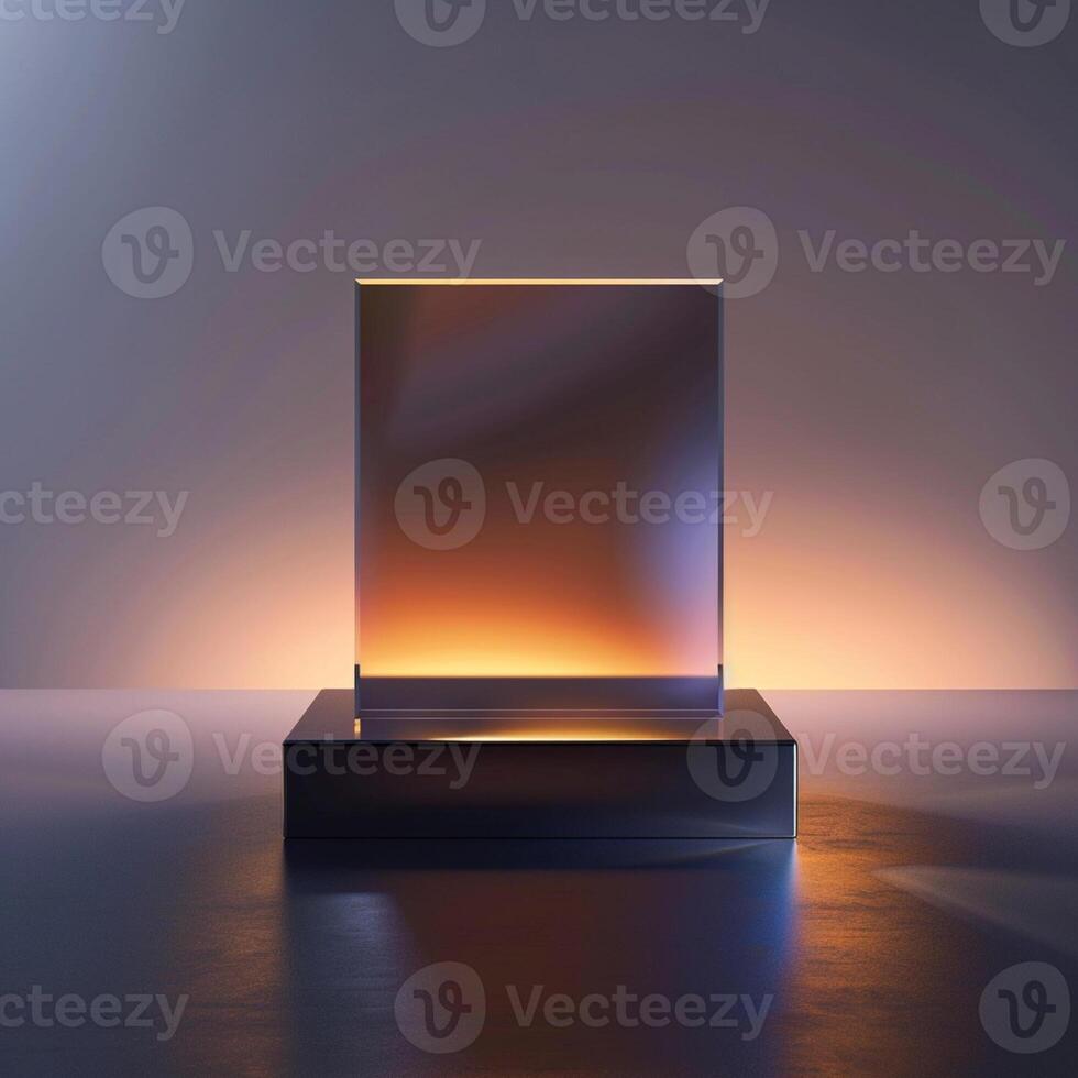 A square glass object on a table with a light photo