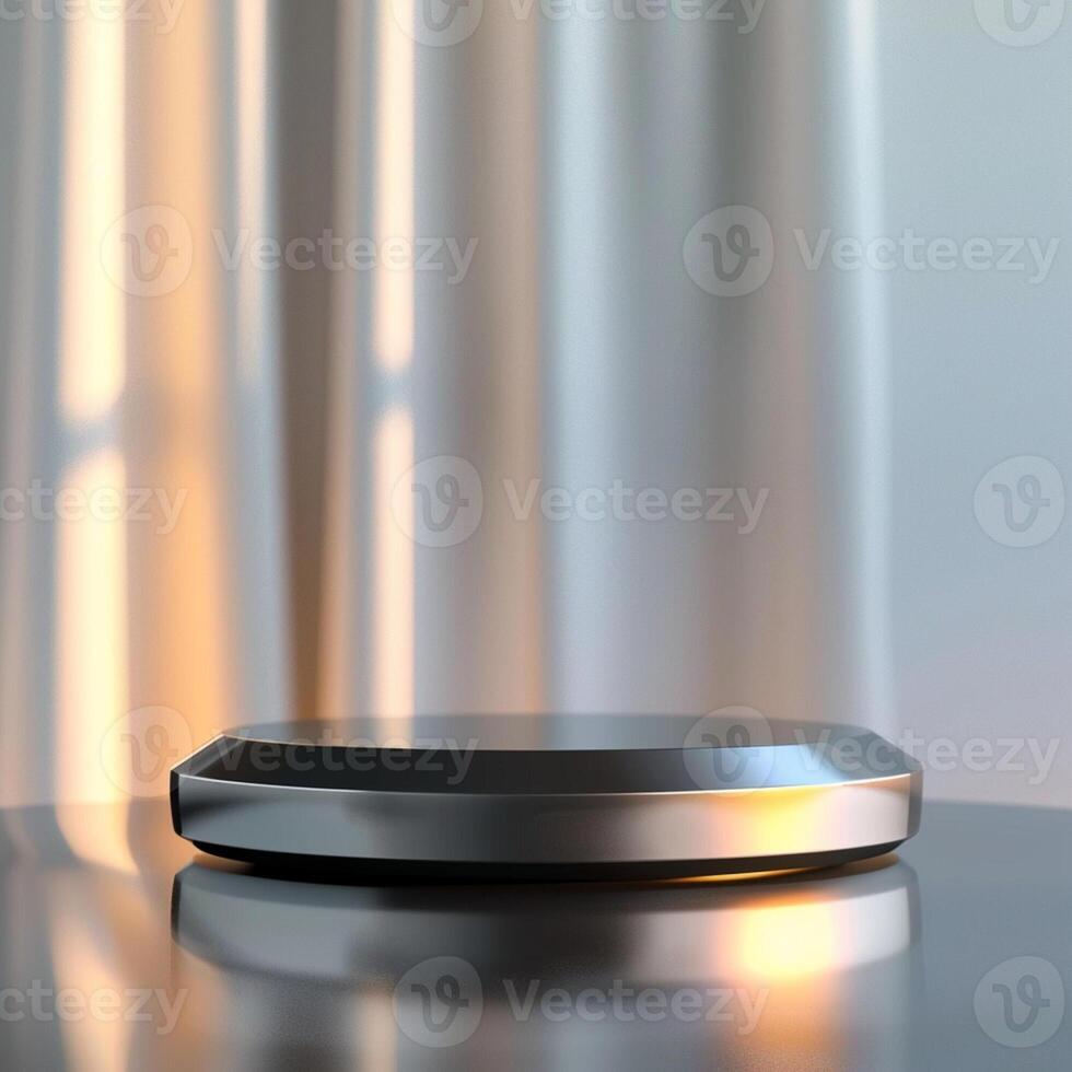 A silver object on a table with a curtain in the background photo