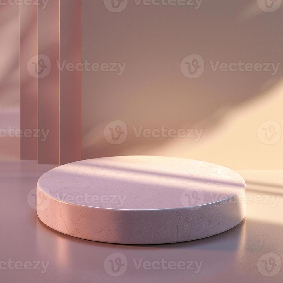 A round marble table in front of a wall photo