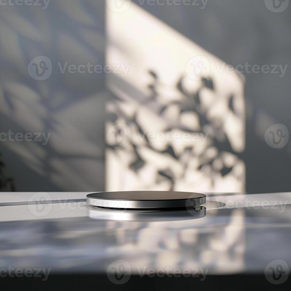 A white table with a black object on it photo