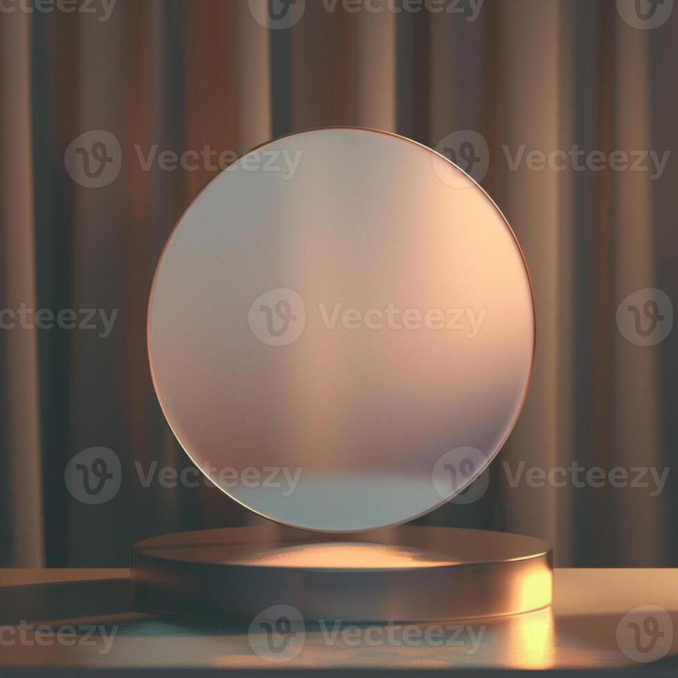 A round mirror on a table in front of curtains photo
