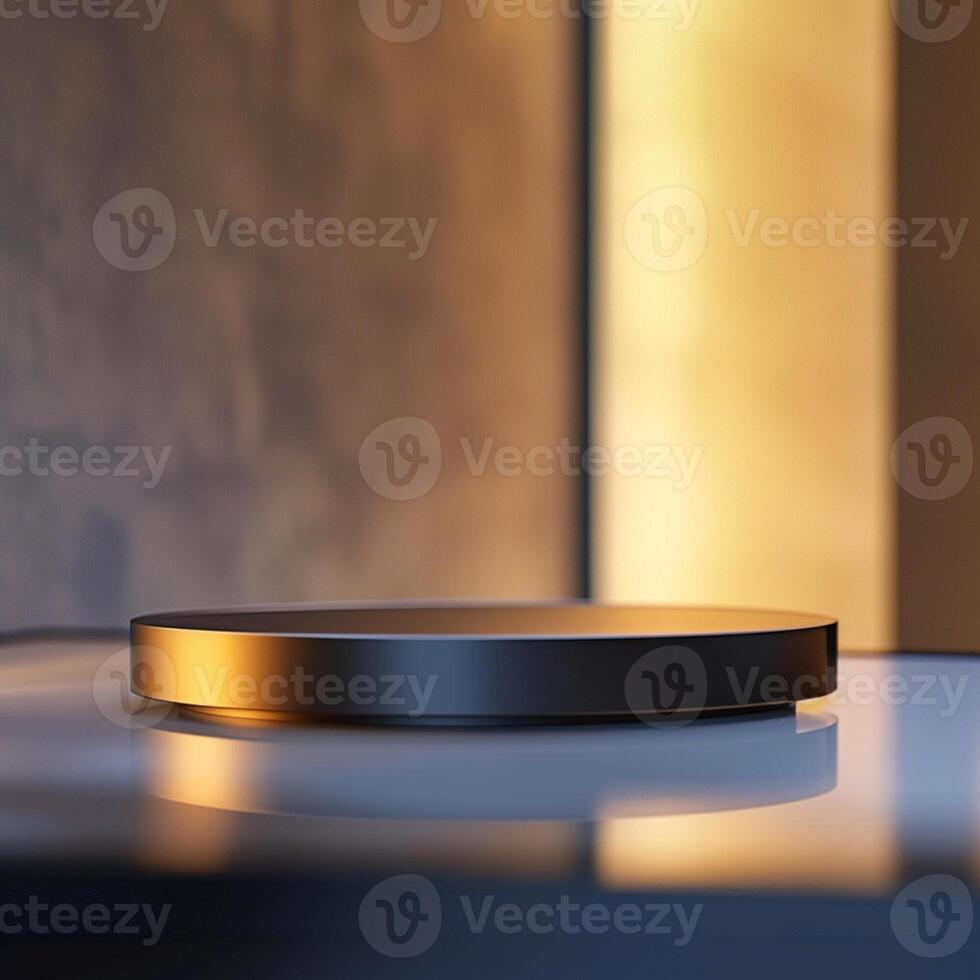 A black and gold circular object sitting on a table photo