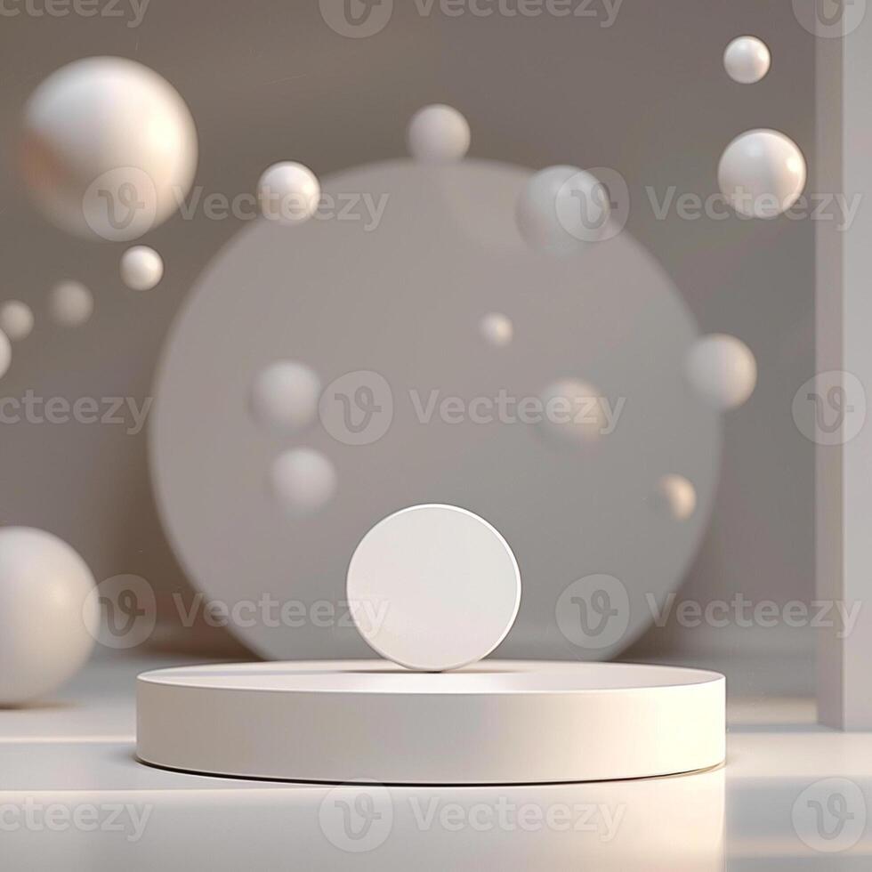 White sphere on a pedestal in a room with many balls photo