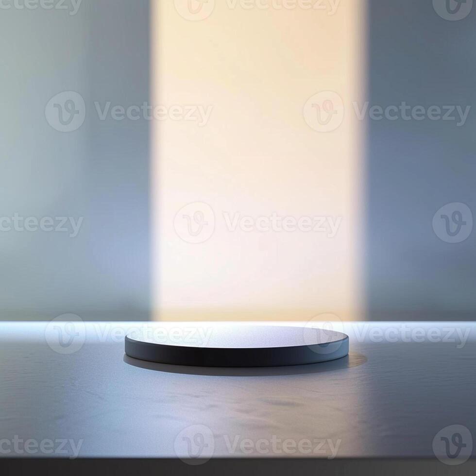 An empty podium on a table in front of a wall photo