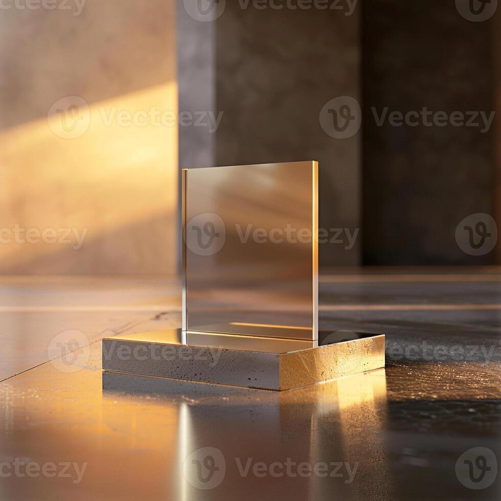 A glass block on a table in front of a wall photo