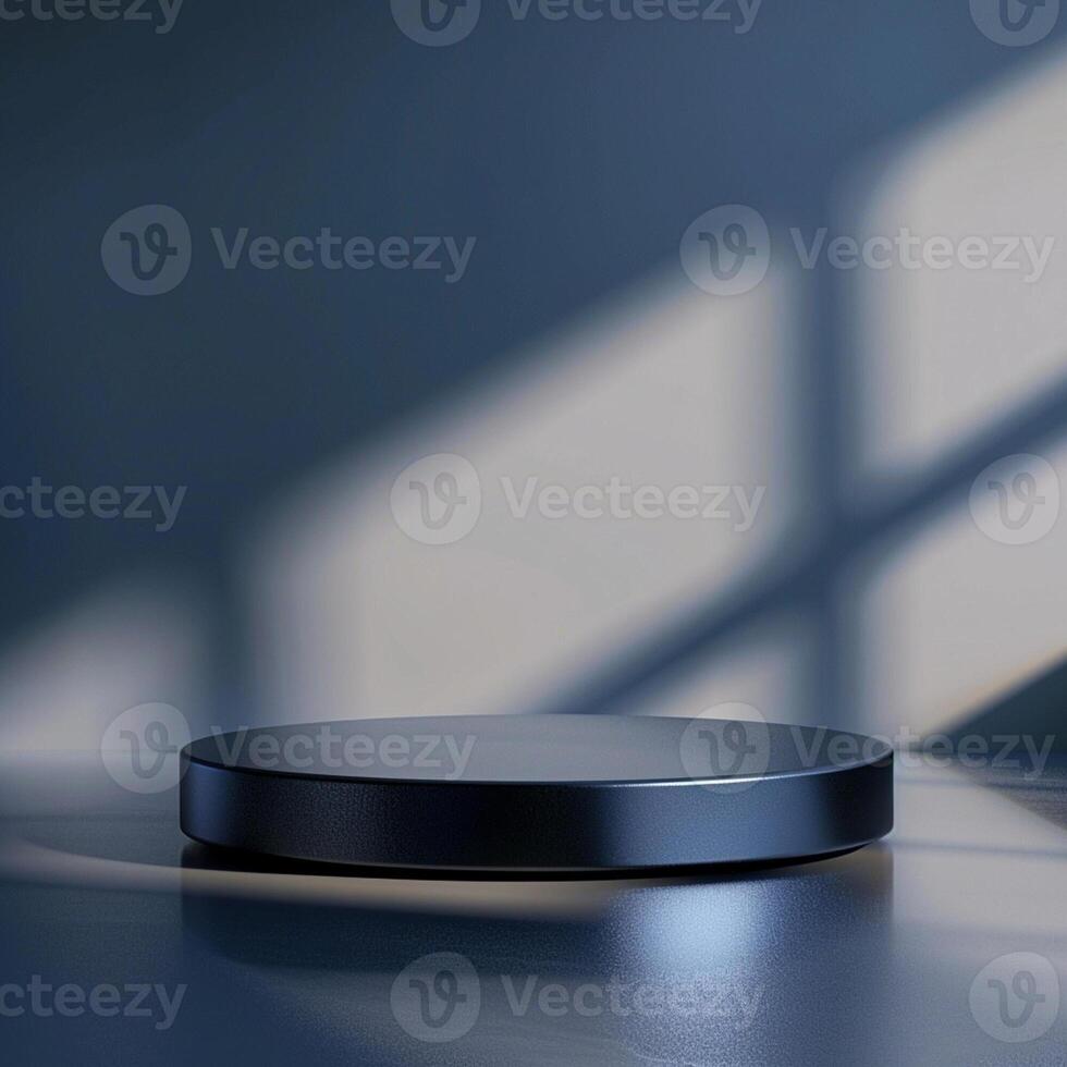 A black circular object on a table in front of a window photo