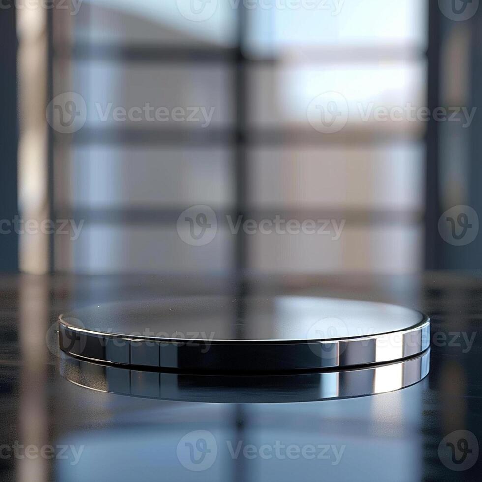 A glass table with a circular object on it photo