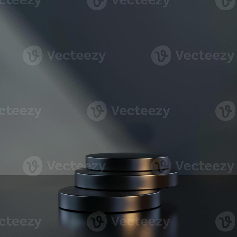 Three black pedestals on a table with a light shining on them photo
