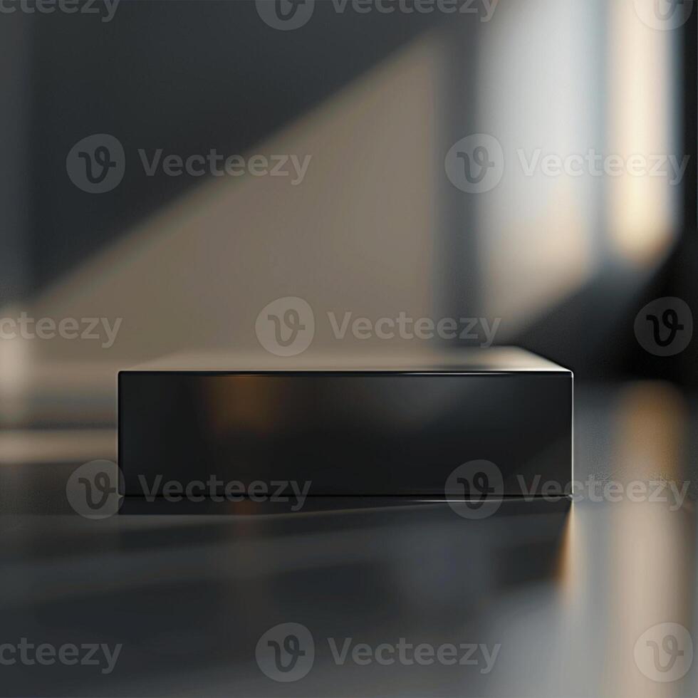 A black box sitting on a table in front of a window photo