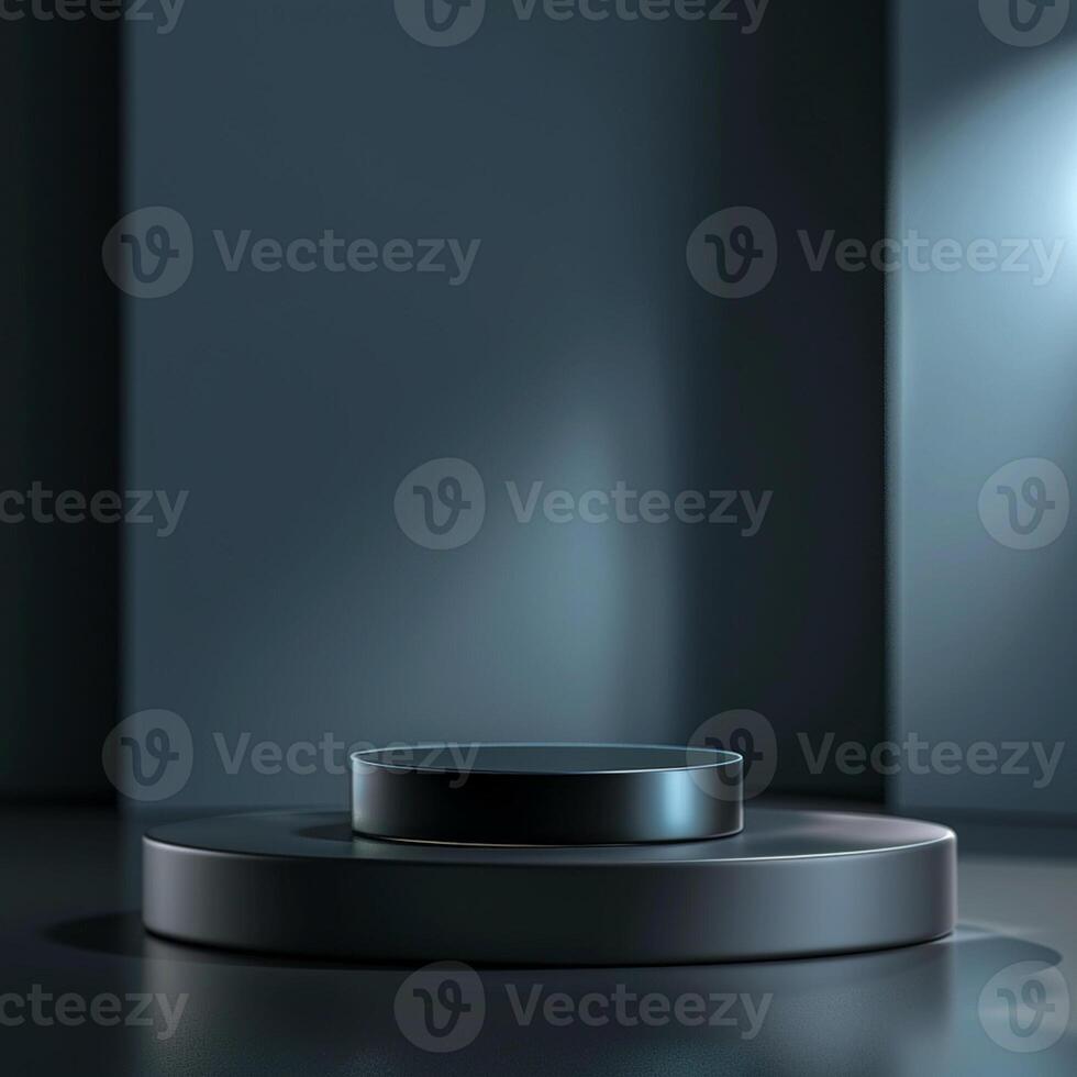 An empty podium in front of a wall with a spotlight photo