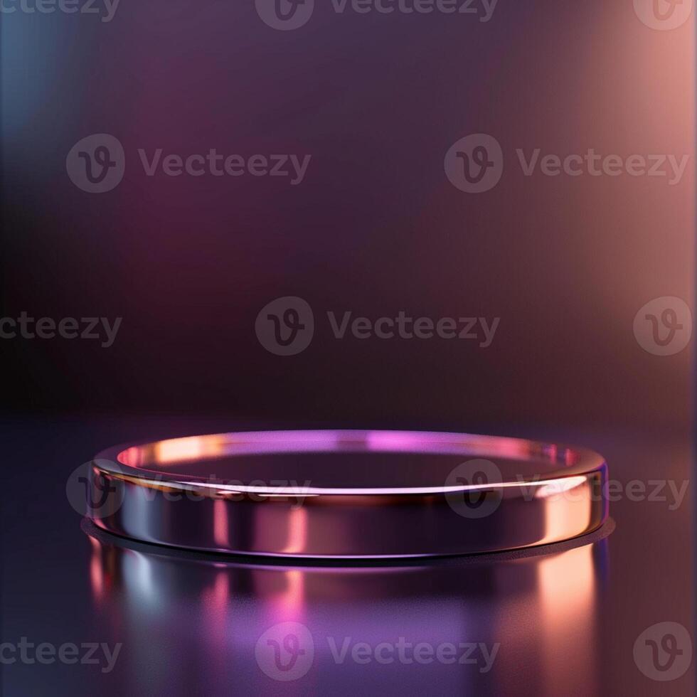 A shiny ring on a table with a purple light photo