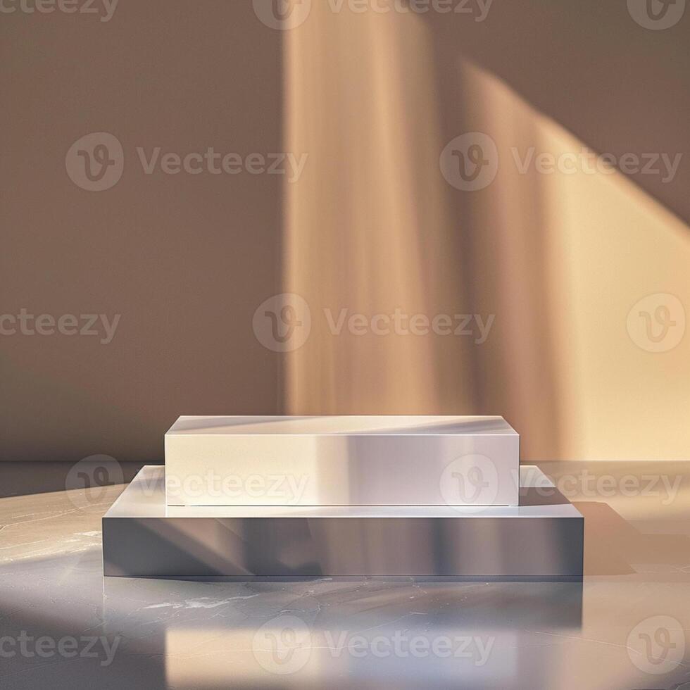 A white box sitting on a table in front of a wall photo