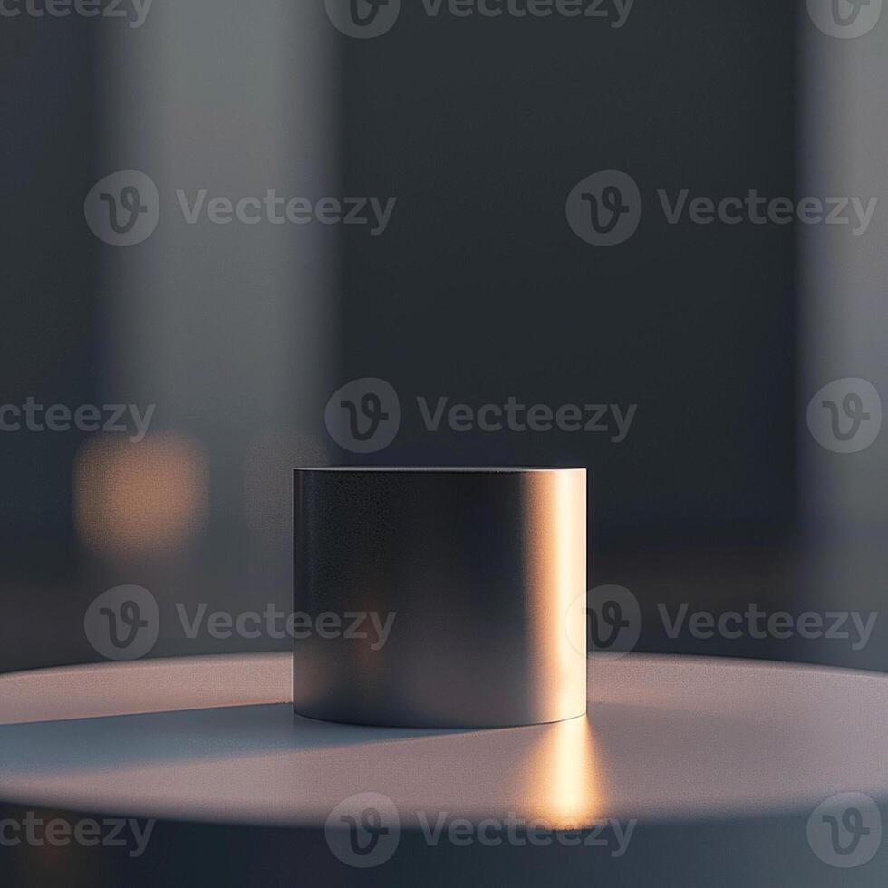 A white cylinder sitting on a table in a room photo