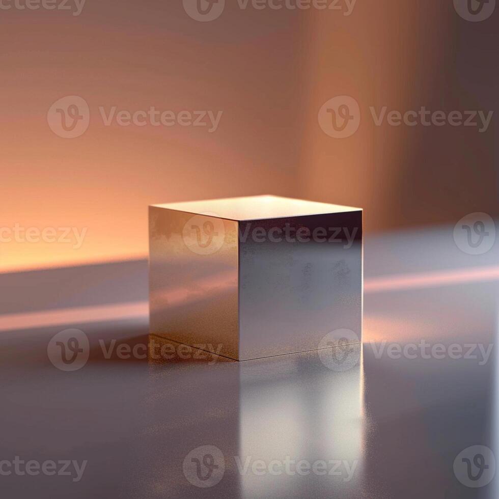 A cube sitting on a table in front of a wall photo