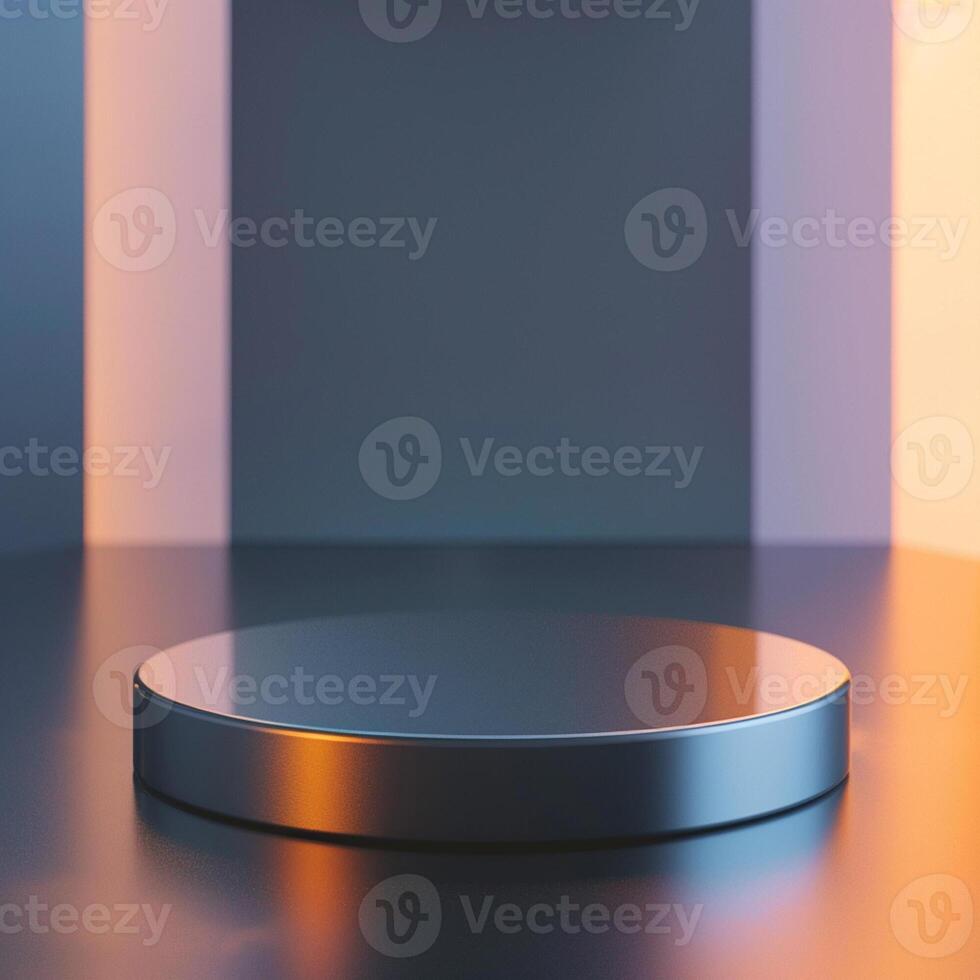 An empty podium on a table in front of a wall photo