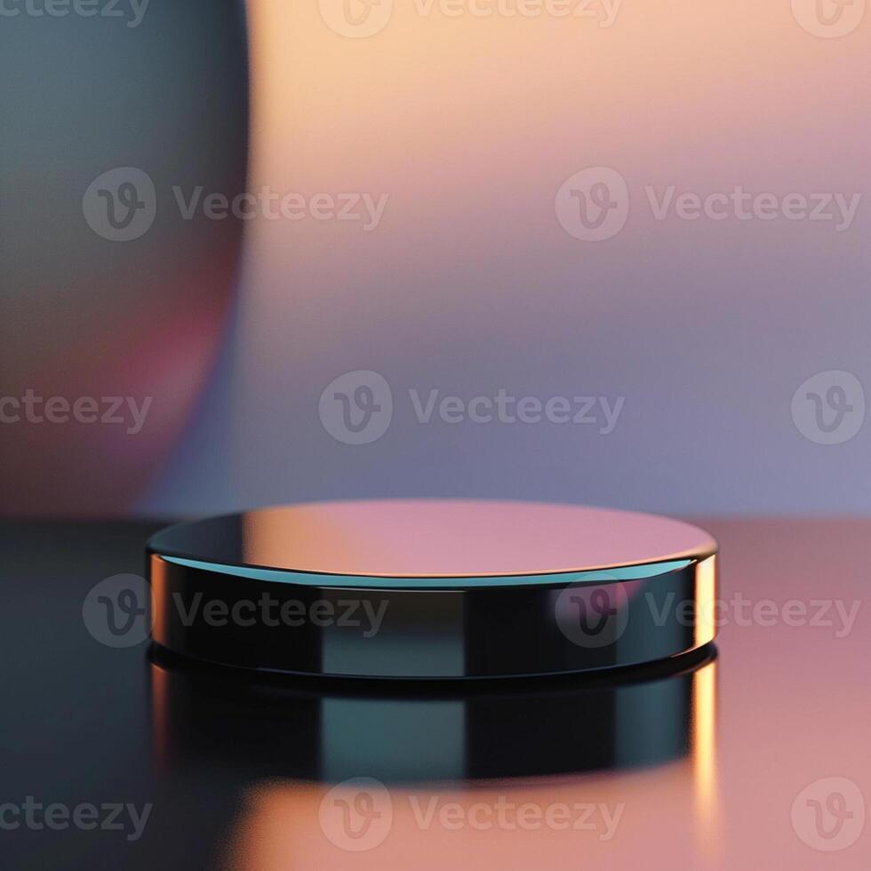 A black round object on a table with a bright background photo