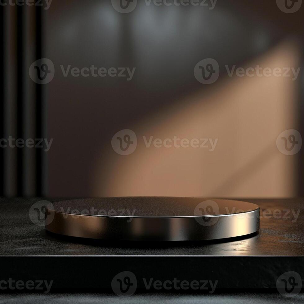A black round table on a table in front of a wall photo
