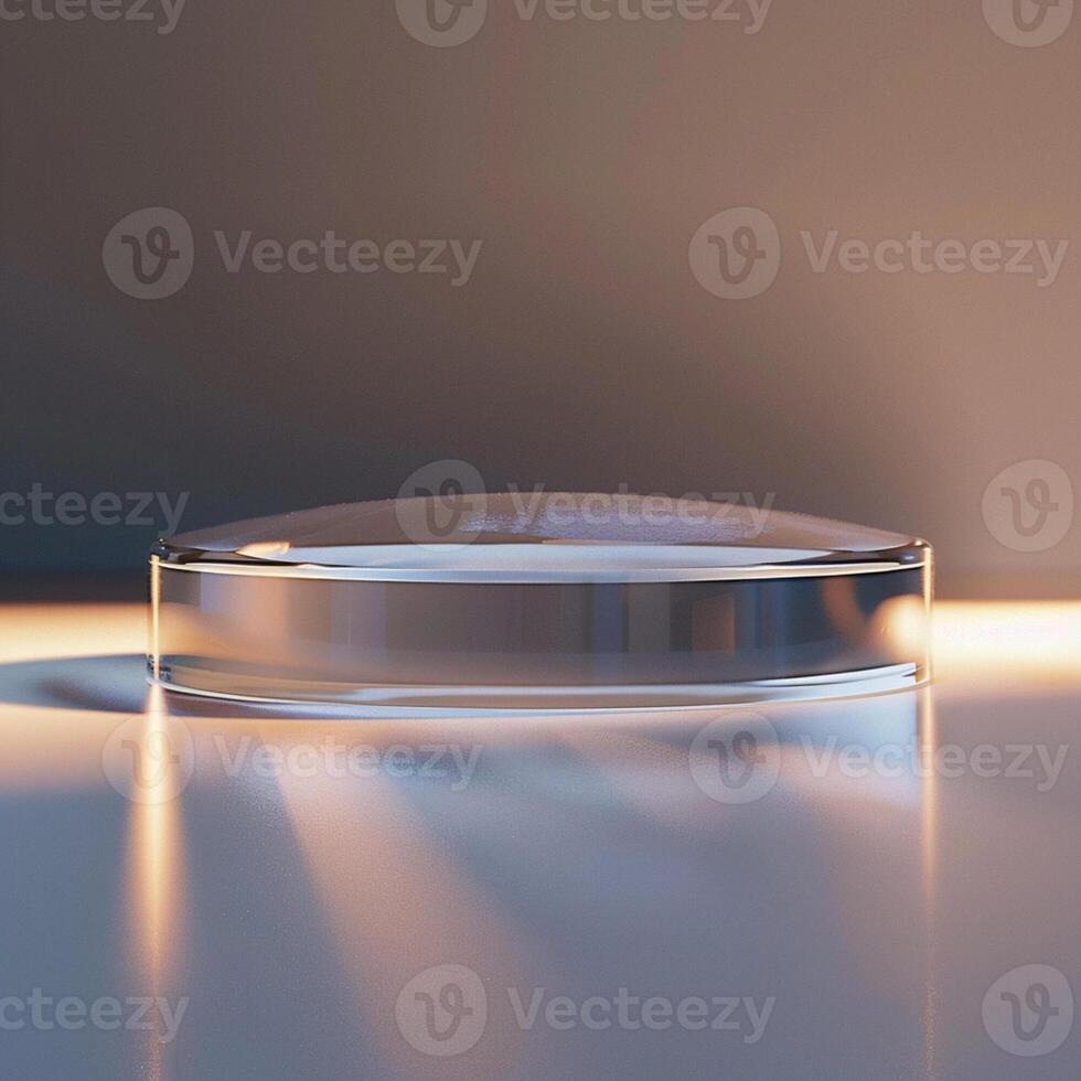 A glass object on a table with light coming from it photo