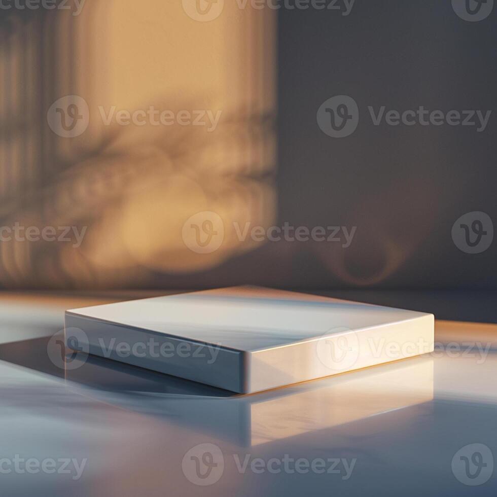 A white box sitting on a table in front of a window photo