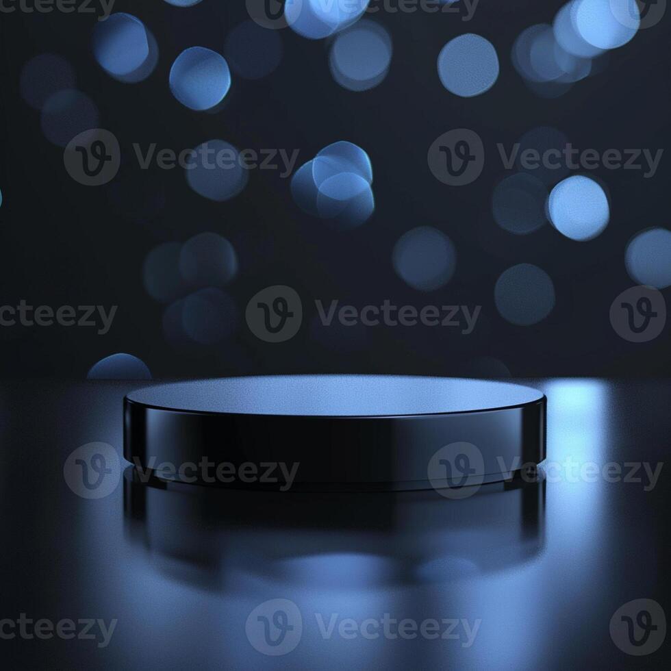 A black round table with a blue light behind it photo