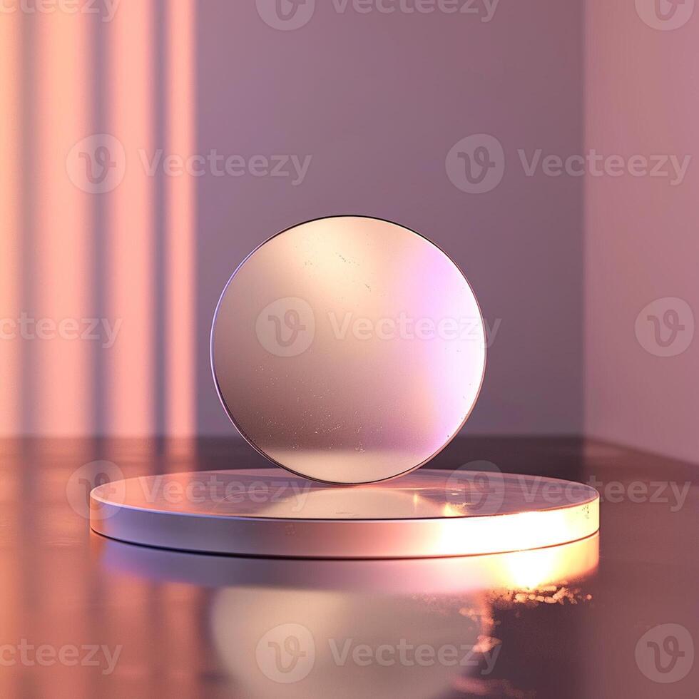 A white sphere sitting on a table in front of a wall photo