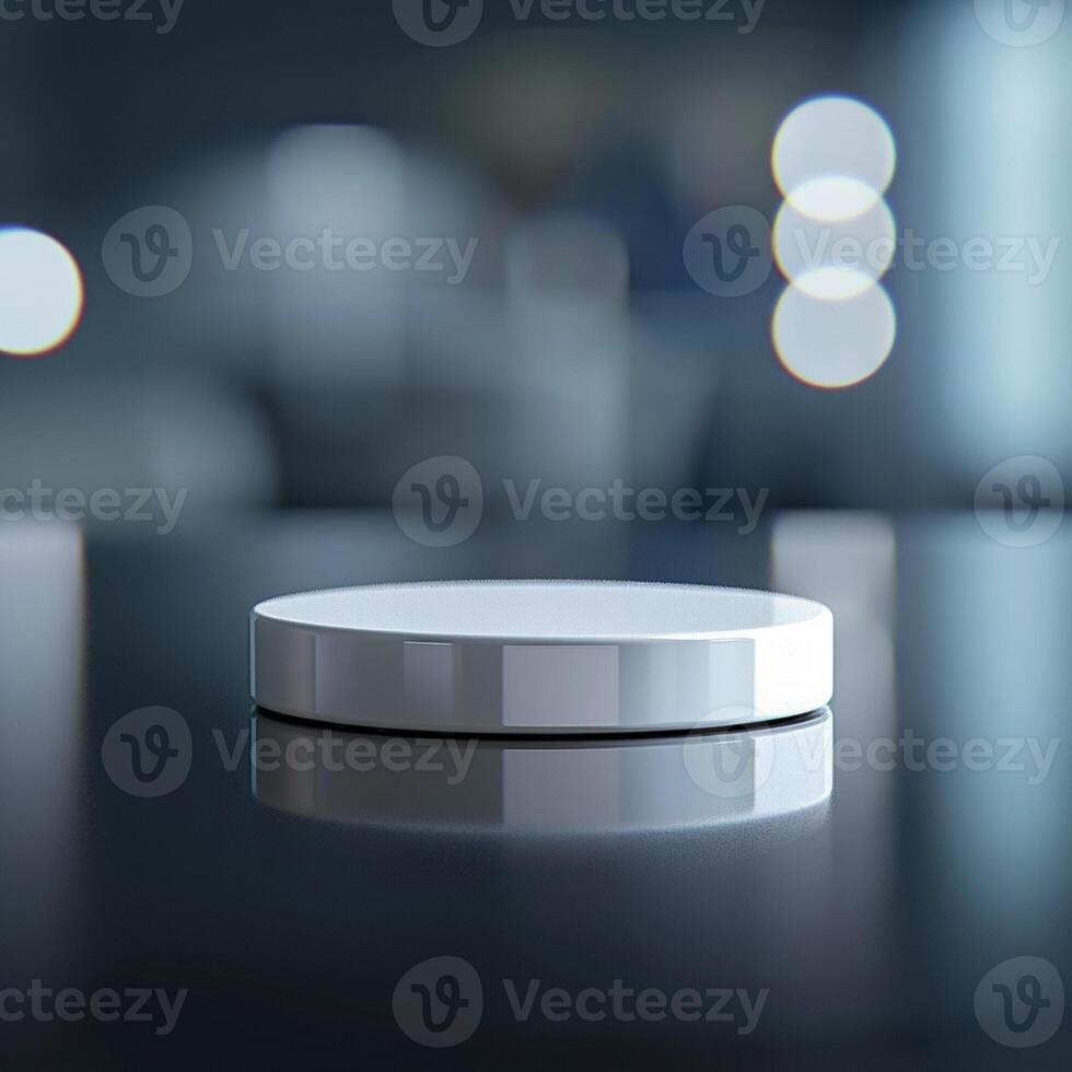 A white object sitting on a table in front of a blurry background photo
