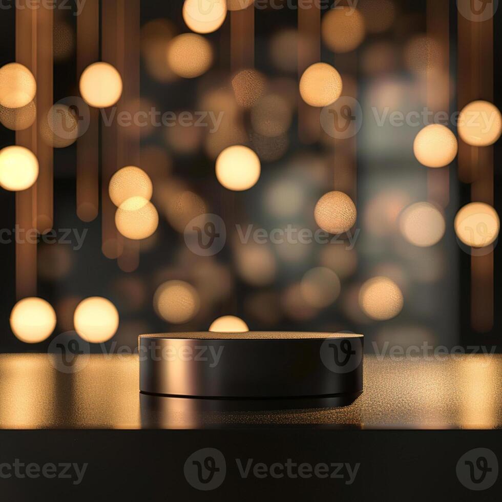A black box sitting on a table in front of a blurred background photo