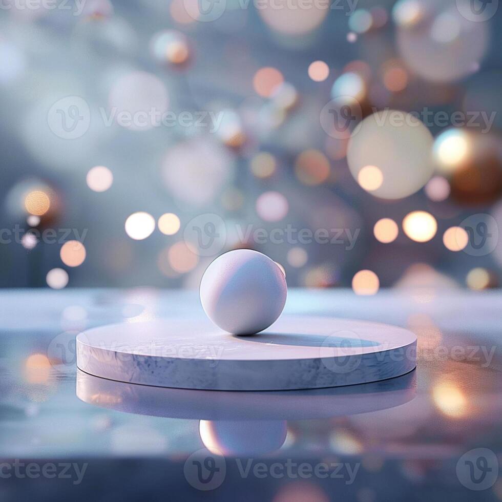 A white sphere on a marble pedestal in front of a blurred background photo
