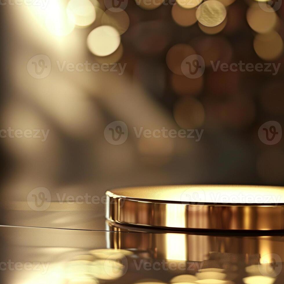 Golden plate on a table with a bokeh background photo