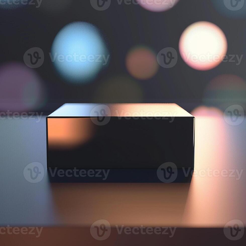 A black box sitting on a table in front of a blurred background photo