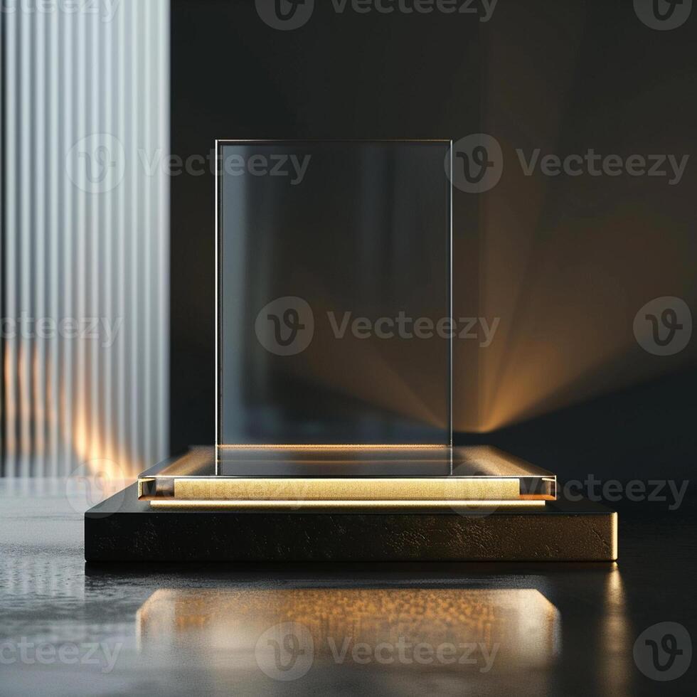 A glass display case on a table with a light shining on it photo