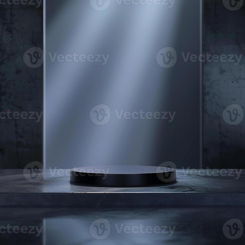 An empty podium in front of a dark room photo