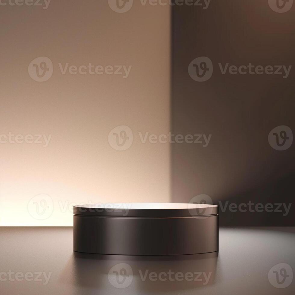 Round black box on a table with light coming from the wall photo