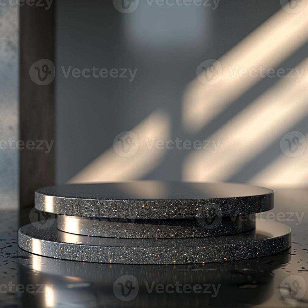A stack of three black plates on a table photo