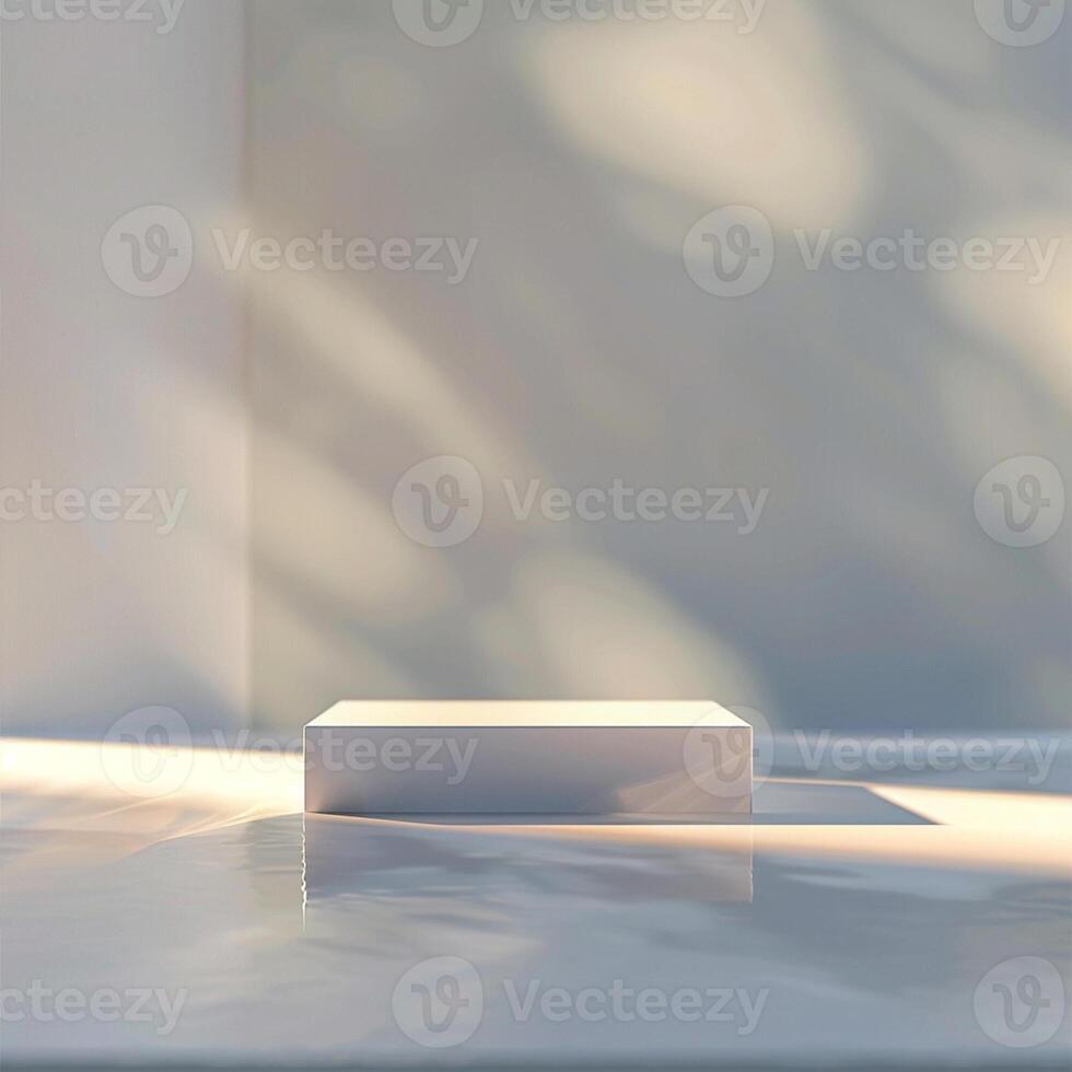 An empty white box sitting on a table in front of a wall photo