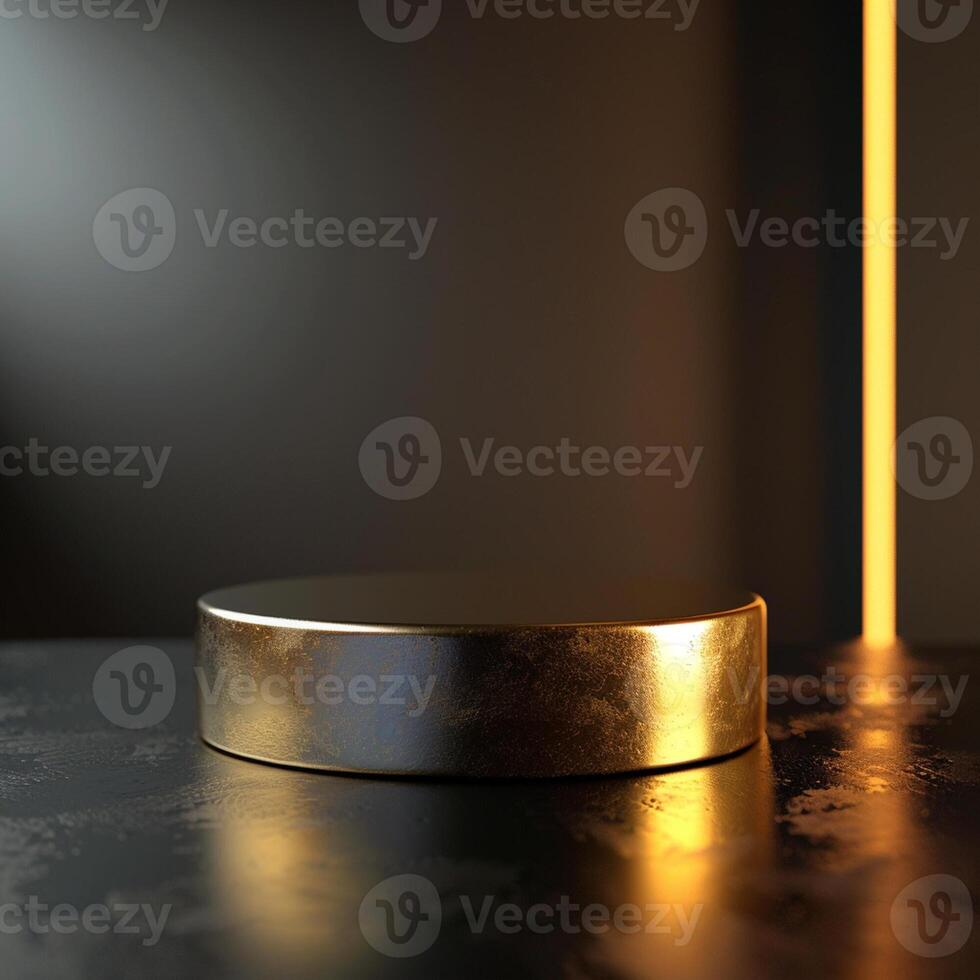 A golden round object on a table in front of a dark background photo