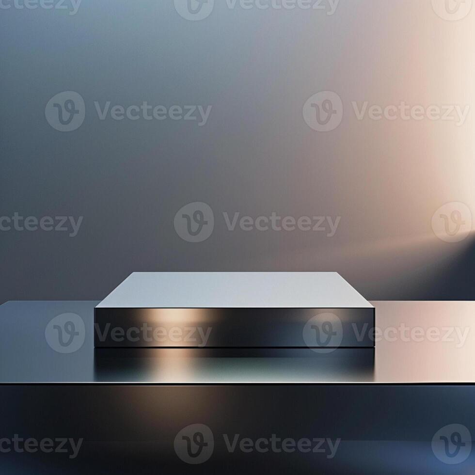 A silver box sitting on a table in front of a wall photo