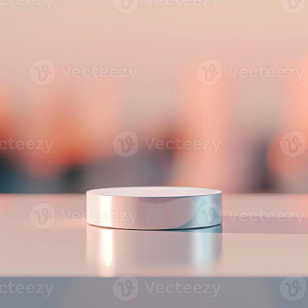 A white object sitting on a table in front of a cityscape photo