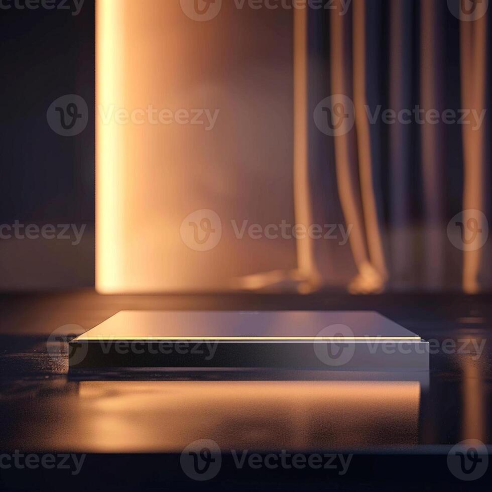 A small table with a light shining on it photo