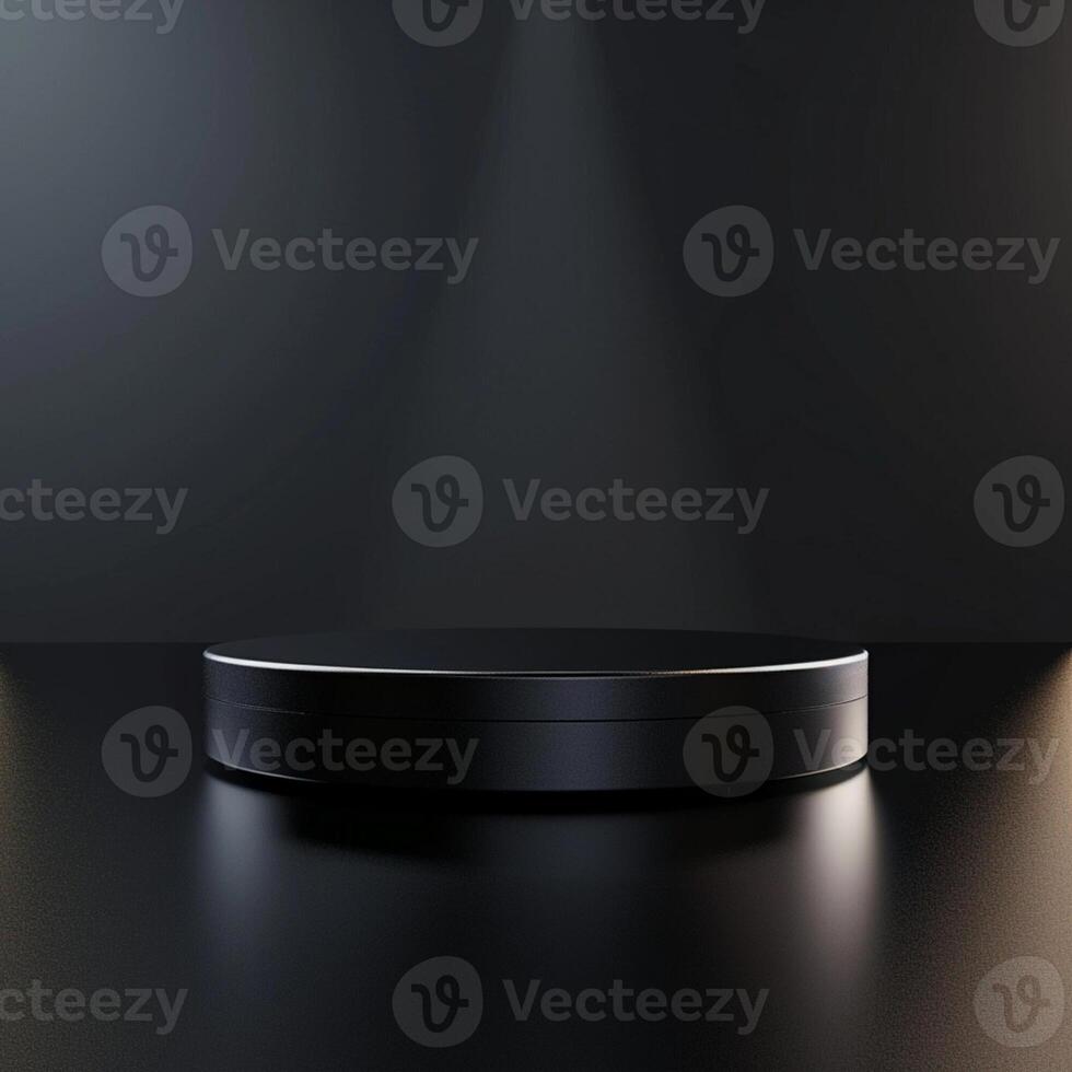 Black round podium on a dark background with spotlight photo