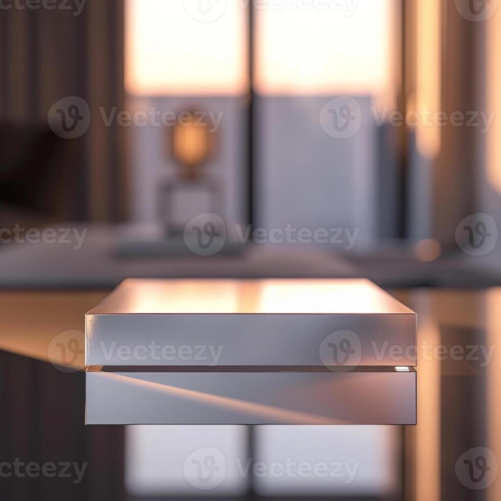 A white box sitting on a table in front of a window photo