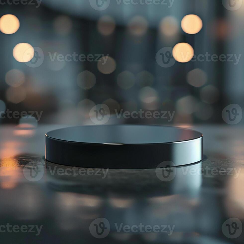 A black object sitting on a table in front of a blurry background photo